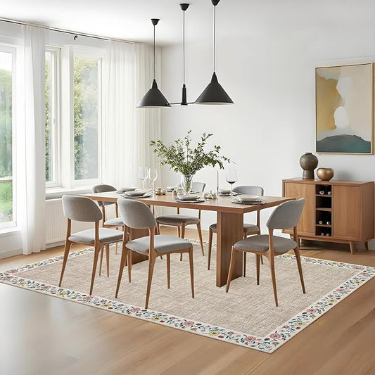 GarveeHome Washable Area Rugs for Bedroom 5x7 Living Room Modern Floral Throw Rugs Non-Slip Lightweight Thin Carpet Modern Farmhouse Print Non-Shedding Soft Low Pile Floor Cover, Light Camel