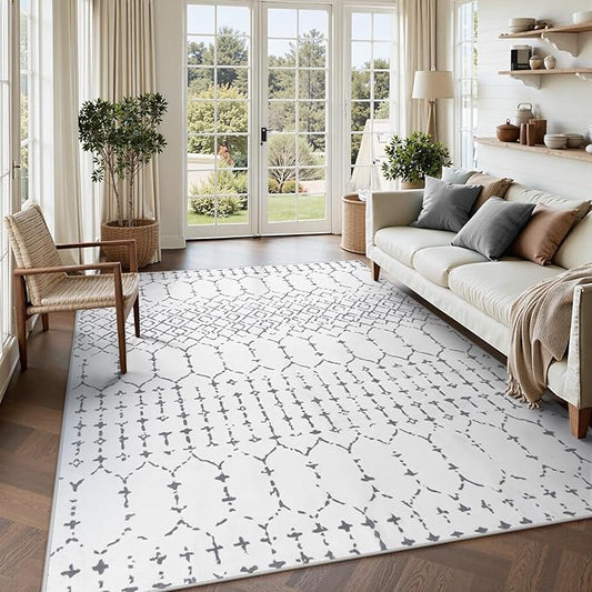 Lahome Moroccan 8x10 Rugs for Living Room - Non-Slip Washable Ultra-Thin Large Rug for Dining, Modern Geometric Print Indoor Soft Carpet for Bedroom Office, White