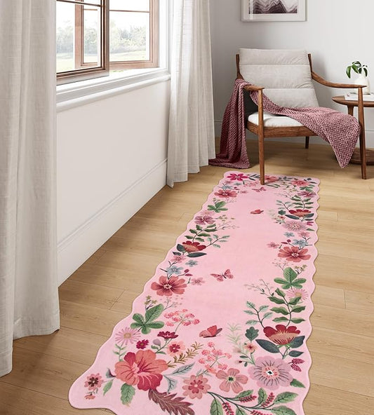 Lahome Floral Kitchen Runner, 2X6 Washable Runner Rug Non-Slip, Ultra-Thin Soft Hallway Rug Stain Resistant Boho Carpet for Bedroom Laundry Bathroom, Pink