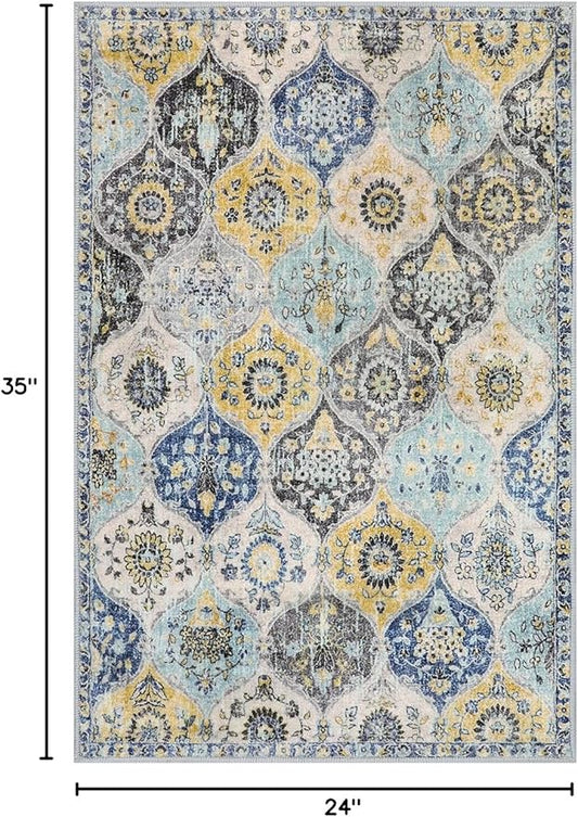 Lahome Moroccan Trellis Kitchen Rugs Non Slip Washable, 2x3 Rugs for Entryway Bathroom, Non-Slip Indoor Door Mat Ultra-Thin, Small Oriental Throw Carpet for Bedroom Entry, Yellow/Aqua