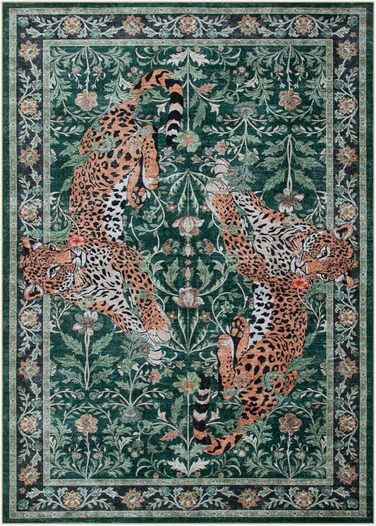 Moynesa Leopard 5x7 Area Rug, Boho Washable Living Room Rug, Non Slip Rugs for Bedroom, Ultra Thin Soft Animal Print Throw Floor Carpet for Office Dining Room, Green