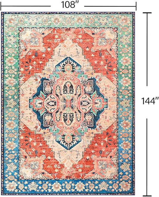 YJ.GWL Area Rugs for Living Room 9x12 Machine Washable Rugs, Non Slip Floral Vintage Rug Indoor Carpet, Stain Resistant Large Rug for Bedroom Dining Room, Red Blue Gradient Color