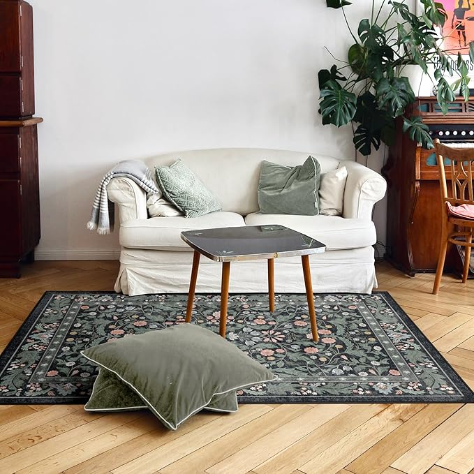3x5 Washable Area Rug Floral Dark Green Entryway Small Rug Vintage Forest Low Pile Non Slip Stain Resistance Soft Carpet for Kitchen, Bedroom Beside, Laundry Room, Office Rug, Kids Room, Nursery Room