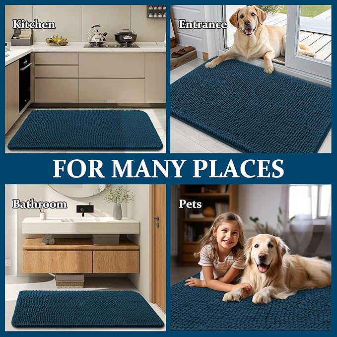 OLANLY Dog Door Mat for Muddy Paws 47x32, Absorbs Moisture and Dirt, Absorbent Non-Slip Washable Doormat, Quick Dry Chenille Mud Mat, Entry Indoor Entryway Carpet for Inside Floor, Atlantic Blue