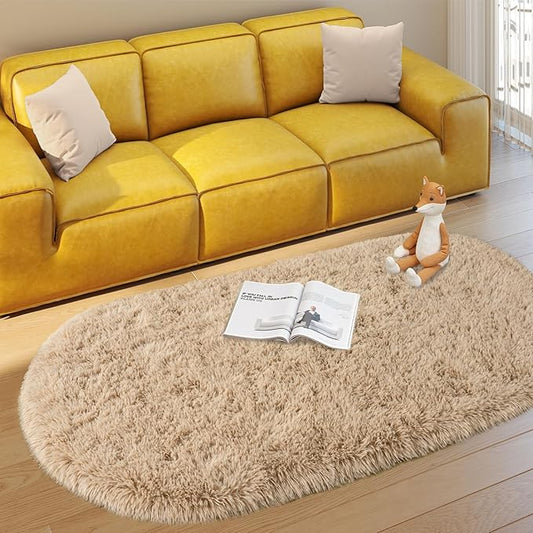 Soft Fluffy Area Rug for Bedroom, Fuzzy Shaggy Oval Throw Rugs for Bedside, Non-Slip Cozy Plush Shag Carpet for Kids Room Nursery Dorm Living Room, Beige, 2.6 x 5.3 Feet, 2 Packs
