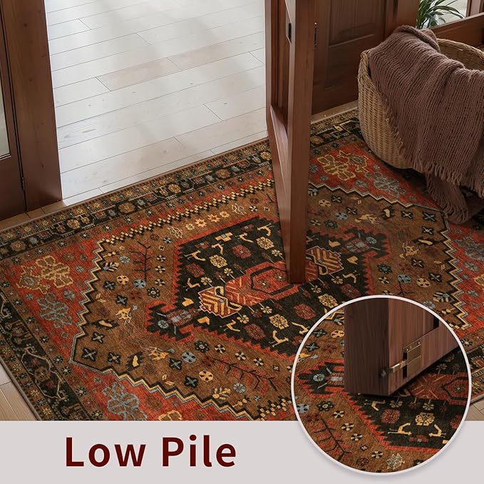 Ciicool 3x5 Area Rug, Washable Red Boho Rugs for Bedroom Non-Slip Indoor Rugs Large Low-Pile Mat Floor Carpet Vintage Rug for Kitchen Living Room Office Dinning Foyer Decor