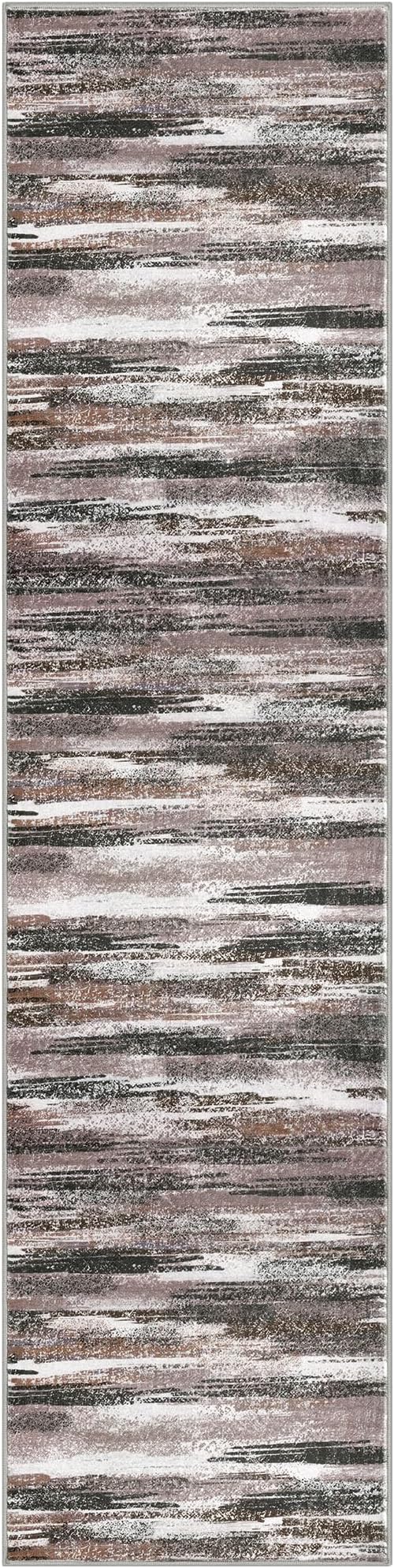 Modern Abstract Runner Rug 2.6x10, Dark Light Brown White Washable Long Kitchen Runner Non-Slip Soft Hallway Rug Runner Thin Print Faux Wool Carpet for Entryway Bedroom Laundry Room Indoor
