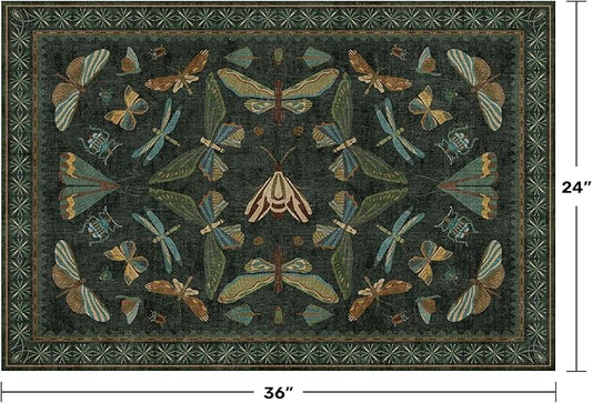 2x3 Entry Way Rugs Indoor - Dark Green Small Throw Rug for Kitchen, Bathroom, Insect Boho Design, Washable Non Slip Stain Resistant