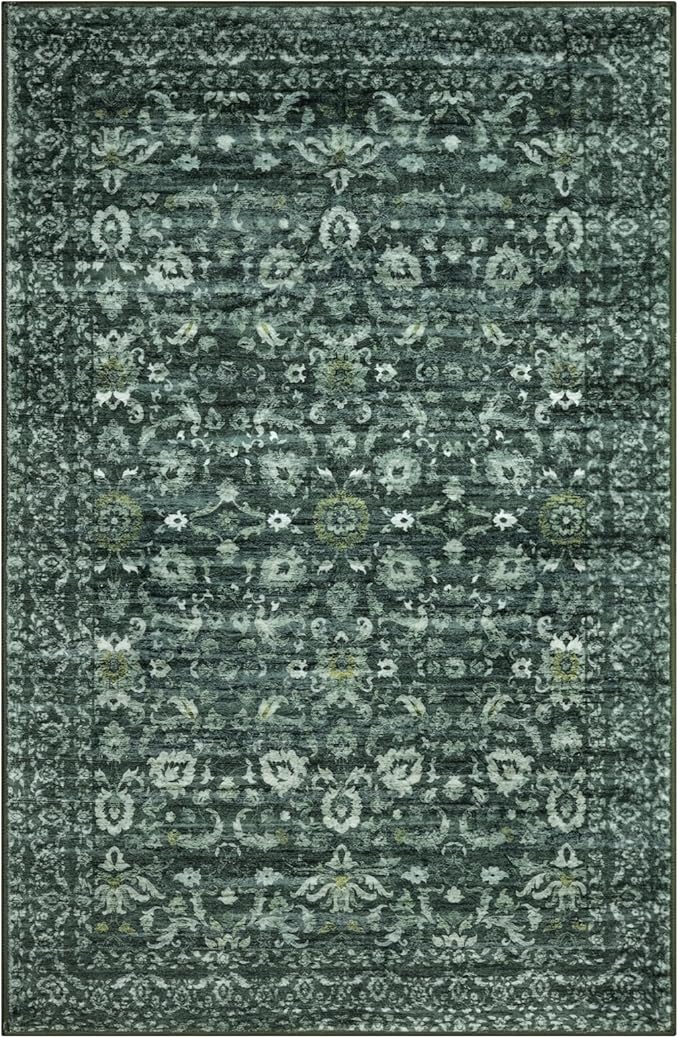 Vintage Floral 5x7 Rug, Dark Green Washable Area Rug for Bedroom, Non Slip Living Room Rug Boho Thin Printed Faux Wool Super Soft Floor Carpet for Nursery Playroom Dining Room Indoor Office