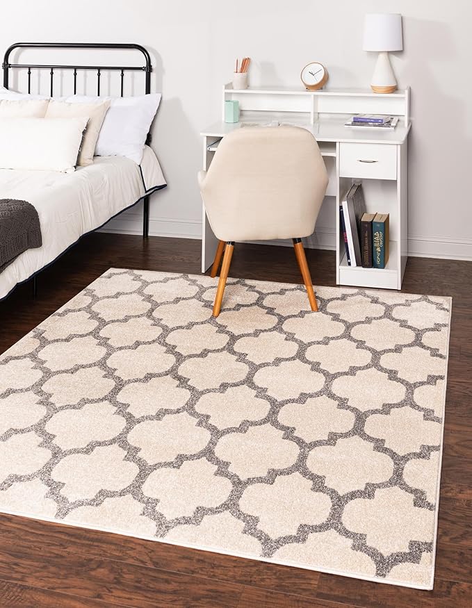 Rugs.com Lattice Collection Rug – 6 Ft Square Beige and Gray Medium-Pile Rug Perfect for Living Rooms, Kitchens, Entryways