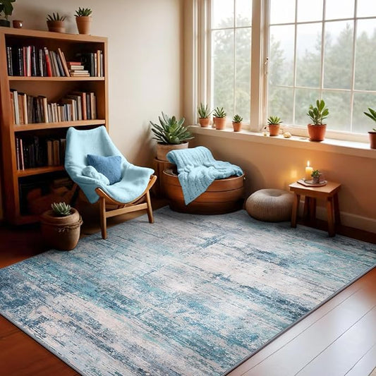 Abstract 4x6 Area Rug Washable Soft Non-Slip Carpet for Entryway Living Room Dining Room Bedroom - Abstract Teal/Grey