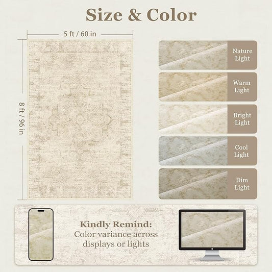Neutral Beige Area Rugs 5x8, Non Slip Washable Rug for Living Room Bedroom, Medallion Distressed Printed Low Pile Thin Carpet Rugs for Dining Room/Kitchen/Home Office