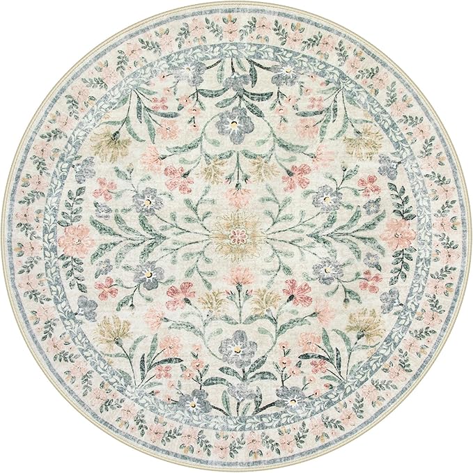 Lahome Round Boho Floral Rugs 4ft, Cream Washable Circle Rugs for Bedroom Nursery, Vintage Beige Circular Carpet, Soft Non-Slip Carpet for Kids Room Playroom Calm Corner, Beige