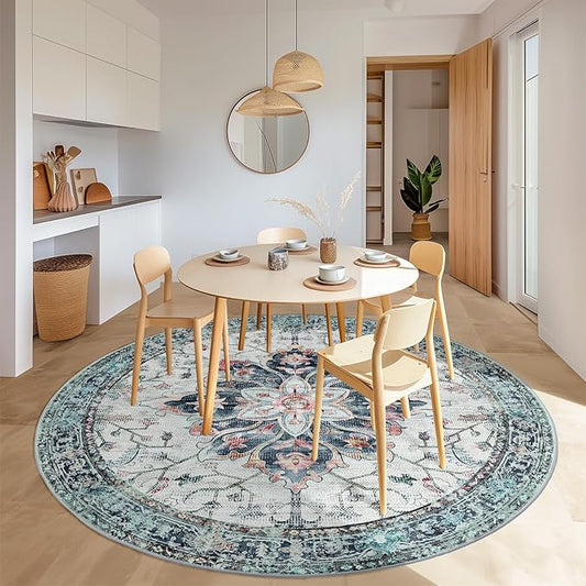 Area Rugs 8ft Washable Non-Slip, Floral Vintage Distress Print Pattern Medallion Carpet for Living Room Bedroom Dining Room, Green Navy Blue White Red Teal Colorful