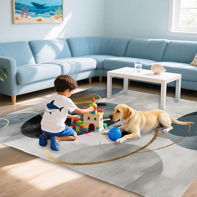Blue Gray Modern Rug for Living Room 3x5, Low Pile Non-Slip Backing, Machine Washable Easy Fold Rug for Home, Office, Dorm Room