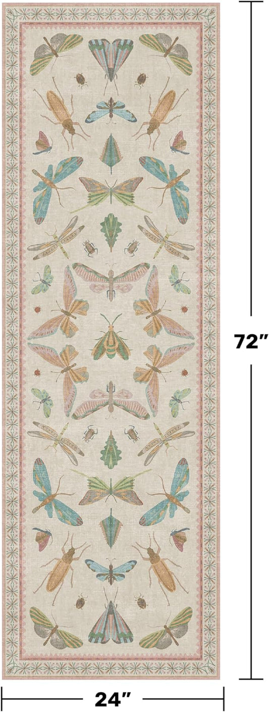Boho Bathroom Runners - 2x6 Pink Rug for Kitchen, Entry Way, Hallway, Non Slip Washable Butterfly Insect Print Home Decor