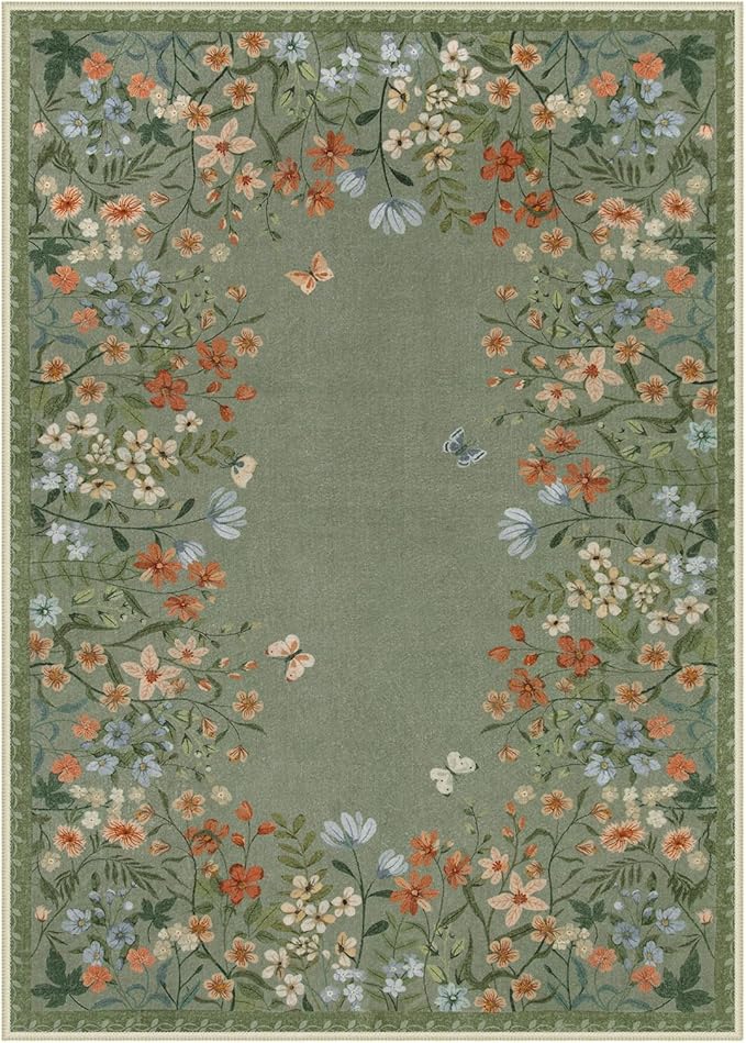 Lahome Boho Floral Green Washable 5x7 Area Rugs for Living Room, Non Slip Rugs for Bedroom, Indoor Throw Dining Room Carpet for Under Table Entryway Kitchen Office(Green,5x7)