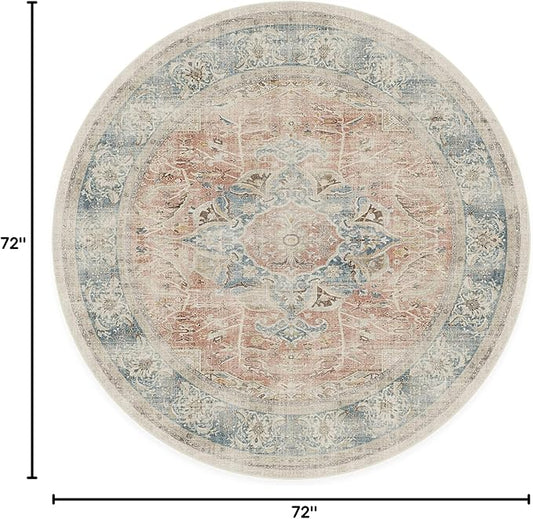 RUGGABLE Washable Vintage Area Rug – Sarrah Coral 6 ft Round, Stain-Resistant, Non-Slip – Medium Machine Washable Rugs for Living Room, Bedroom, Hallway, Entryway & Office–with Standard Pad
