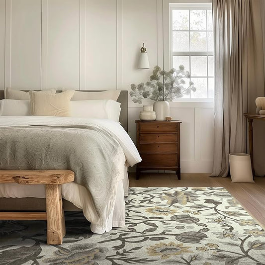 EVERGRACE Area Rugs for Living Room 8x10, Boho Floral Faux Wool Indoor Outdoor Rugs, Washable Rugs for Bedroom Dining Room Entryway Kitchen, Low Pile Floor Mat Carpet for Home Decor, Gray