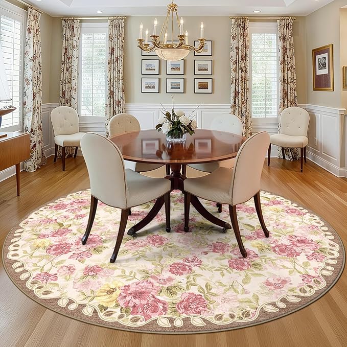 6ft Round Machine Washable Area Rug for Living Room, Pink Vintage Boho Floral Rug Large Non-Slip Low Pile Soft Faux Wool Carpet, Kids and Pets Friendly for Bedroom Nursery Farmhouse Home Decor Rug