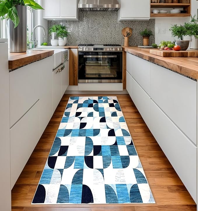 2x6 Runner Rug Washable, Modern Abstract Area Rugs for Hallways Kitchen Bathroom Bedroom Entryway, Non Slip Carpet Long Mat Indoor, Boho Soft Ultra-Thin Navy Blue