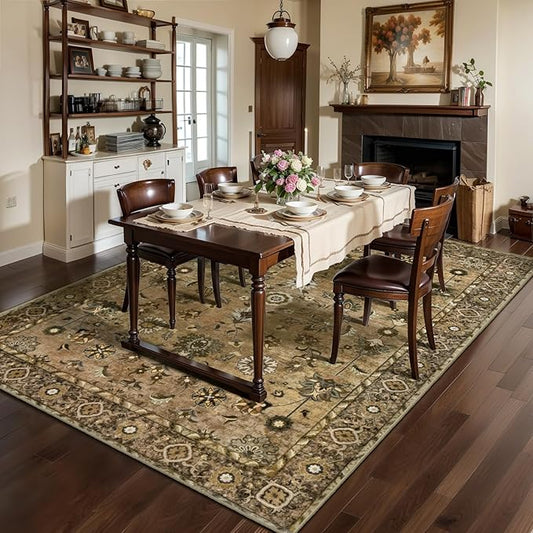 5x7 Area Rug Washable Rug for Living Room, Floral Vintage Rug Indoor Non Slip Large, Print Distressed Brown Carpet, Soft Low Pile Foldable for Bedroom Dining Room Dorm