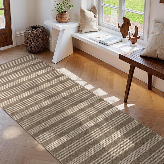 Lahome Striped Washable Runner Rug, 2x8 Easy Jute Hallway Kitchen Runner, Farmhouse Non Slip Non Shedding Indoor Outdoor Carpet for Entry Corridor Foyer, Khaki