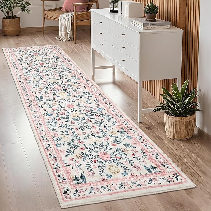 GarveeHome Washable Runner Rug 2 x 6 Non-Slip Non-Shedding Soft Vintage Bedside Rug, Low Pile Farmhouse Floral Carpet, Indoor Foldable Printed Entryway Rug for Hallway Kitchen, Pink