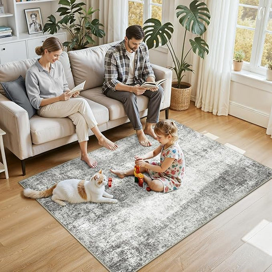 Washable Area Rugs 4'x6' Non-Slip Modern Abstract Soft for Living Room Entryway Bedroom Nursery, Print Pattern, Gray White Grey