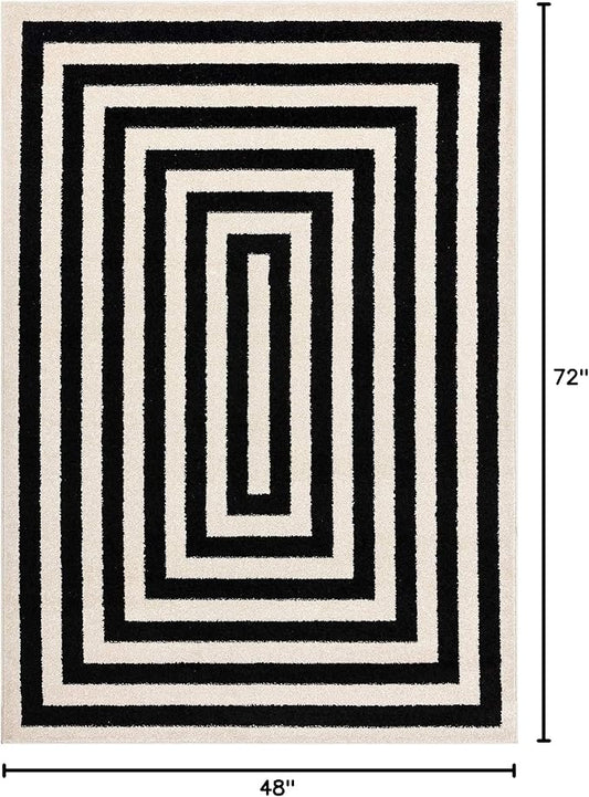 Abani Contemporary Black & Ivory 4' x 6' Area Rug, Contrasting Geometric Modern Stripe Symmetrical Living Room Carpet Rugs