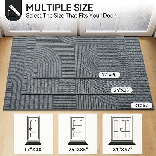 Front Door Mat 31''x47'', Absorbent Muddy Dirt Resist Washable Non Slip Low-Profile Indoor Doormat, Easy Clean Welcome Entryway Door Mats, Grey