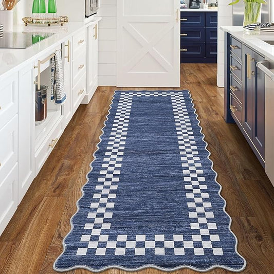 GarveeHome Hallway Runner Rug 2x6 Non Slip Scalloped Washable Rug for Kitchen Entry Stain Resistant Modern Border Throw Floor Carpet Long Runner Mat for Bathroom Living Room Bedside, Blue