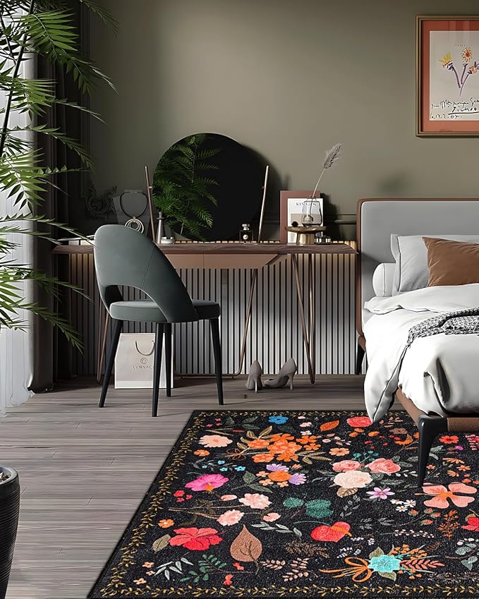 Boho Washable Area Rug 6x9 for Living Room, Bedroom, Office, Playroom, Kitchen or Dining Room, Soft Floral Carpet for Indoor Use, Easy Care Non-Slip Design (Black)