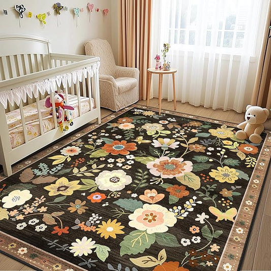 Floral 8x10 Area Rug Machine Washable Soft Print Boho Carpet Non Slip Doormat Low Pile Flower Area Rugs for Living Room Bedroom Nursery Kitchen Dining Room Indoor-Black/Yellow/Red
