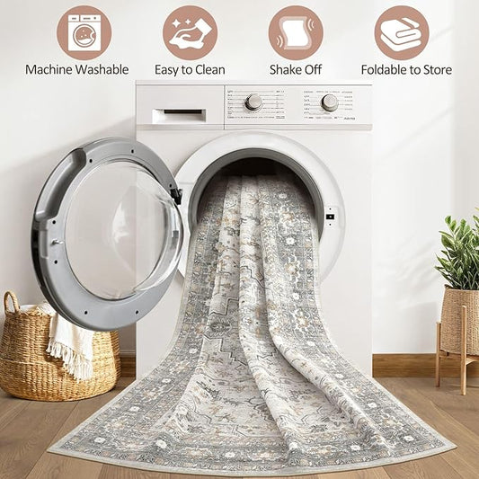 10x12 Area Rug Living Room: Washable Boho Large Neutral Vintage Soft Rugs Stain Resistant Distressed Farmhouse Non-Slip Indoor Floor Carpet for Bedroom Nursery Kids Office Dining Room- Taupe