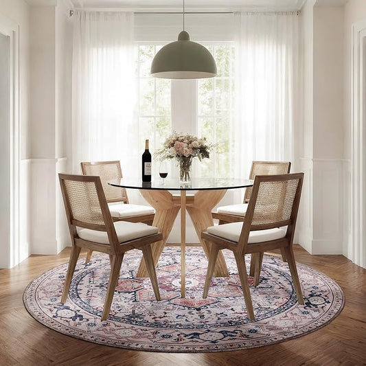 PURRUGS Vintage Farmhouse Boho Area Rug 6x6 ft, Non-Slip Machine Washable Round Rug, Accent Oriental Rug for Dining Room, Living Room, Bedroom, Entryway and Kitchen, Coral Red/Marine Blue