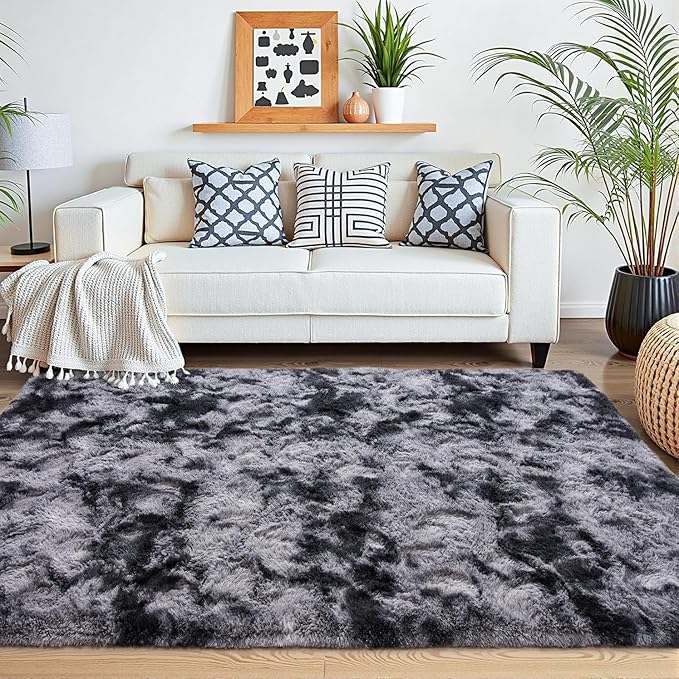 Beglad Fluffy Area Rugs 6x9 Feet, Modern Minimalist Style Shag Fuzzy Rugs, Non-Slip Indoor Carpet Soft Rugs for Kids Room, Bedroom & Living Room, Tie-Dyed Dark Grey