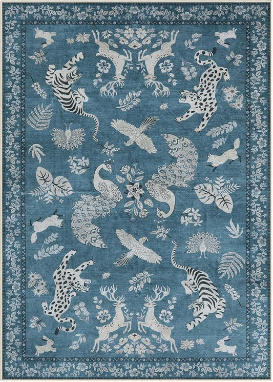 Moynesa Animal Area Rugs 5x7, Washable Luxurious Vintage Boho Blue Area Rug for Bedroom Living Room Dining Room Office Playroom, Farmhouse Low Pile Soft Non-Slip Carpets for Indoor