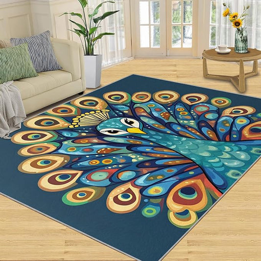 Boho Peacock Rugs for Living Room - 4x6 Rug, Peacock Decor Area Rugs for Bedroom, Teal Turquoise Rug, Modern Style Washable Carpet, Aesthetics Carpet - Peafowl Home Decor & Gifts