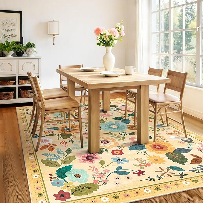 Floral 6x9 Area Rug Machine Washable Soft Print Boho Carpet Non Slip Doormat Low Pile Flower Area Rugs for Living Room Bedroom Nursery Kitchen Dining Room Indoor-Ivory/Yellow