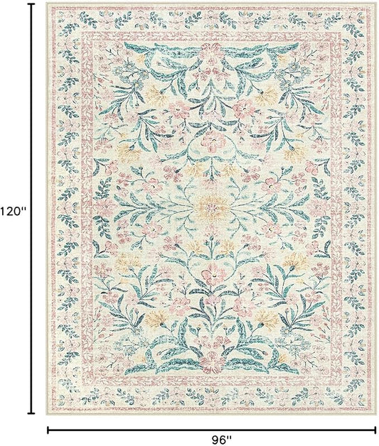 Lahome Large Rugs for Living Room, Boho Machine Washable 8x10 Area Rugs Girls Bedroom Decor, Ultra-Thin Soft Distressed Floral Carpets Non Slip for Office Dining Room, Pink/Multi