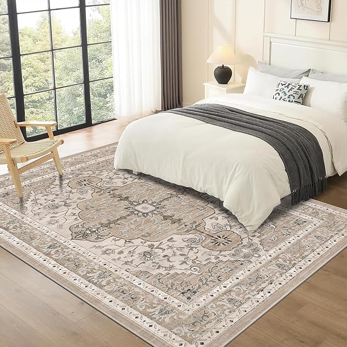 U'Artlines Boho Vintage Area Rug 5x7 Machine Washable Low Pile Soft Floor Carpet Non Slip Non Shedding Accent Rug for Living Room Bedroom Entryway Dining Room Office Beige&Brown