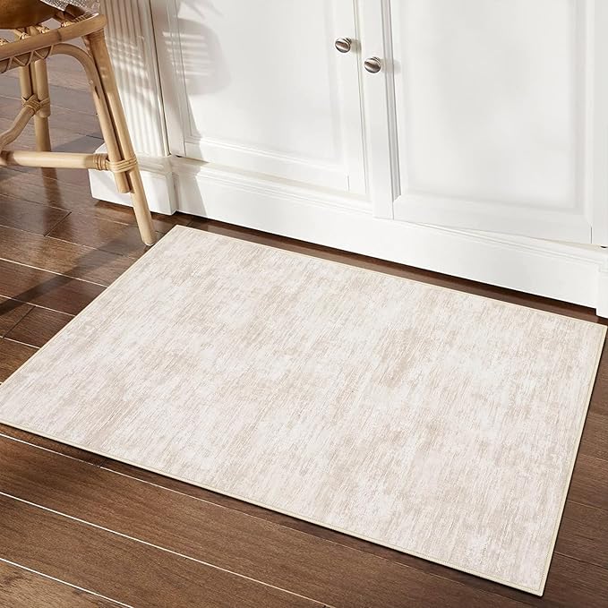 RUGSREAL Small Area Rug 2x3 Entryway Mat with Rubber Backing Stain Resistant Throw Carpet Modern Solid Color Bath Mat Contempowary Washable Rug for Living Room Bedroom Dining Room Kitchen, Beige 2x3