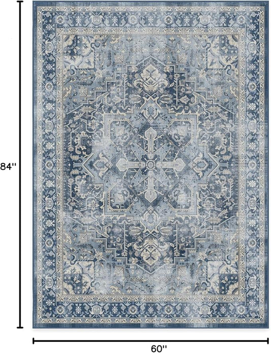RUGGABLE Washable Vintage Area Rug – Kamran Admiral Blue 5x7, Stain-Resistant, Non-Slip – Medium Machine Washable Rugs for Living Room, Bedroom, Hallway, Entryway & Office–with Standard Pad