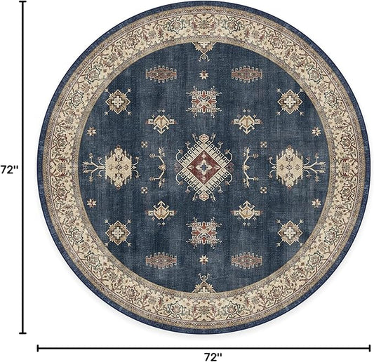 RUGGABLE Washable Vintage Area Rug – Verena Sapphire 6 ft Round, Stain-Resistant, Non-Slip – Medium Machine Washable Rugs for Living Room, Bedroom, Hallway, Entryway & Office–with Cushioned Pad