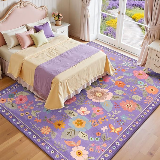 Floral 9x12 Area Rug Machine Washable Soft Print Boho Carpet Non Slip Doormat Low Pile Flower Area Rugs for Living Room Bedroom Nursery Kitchen Dining Room Indoor-Purple/Pink/Multi