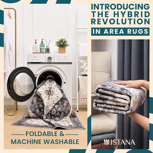 Istana Area Rugs 9x12 - Dark Grey Blue/Rose Mauve Rugs for Bedroom - Foldable Big Rugs for Bedroom - Stain Resistant Rug 9x12 Area Rug - 9X 12 Area Rugs - Washable Area Rug - Beige Rug