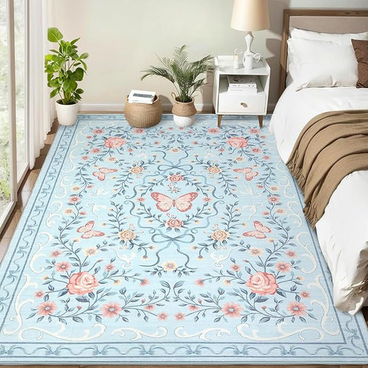 GarveeHome Washable Floral Area Rug 5x7 for Living Room Non Slip Bedroom Rug Soft Stain Resistant Large Dining Room Throw Carpet Low Pile Blue Bow Rugs Butterfly Flower Carpet for Nursery Entry, 5x7