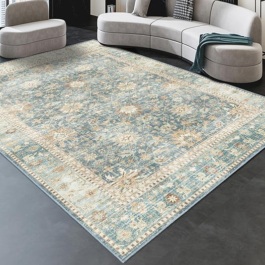 8x10 Vintage Living Room Area Rug - Large Soft Washable Indoor Floor Oriental Farmhouse Rugs for Bedroom, Home Office House Decor, Ocean Terracotta