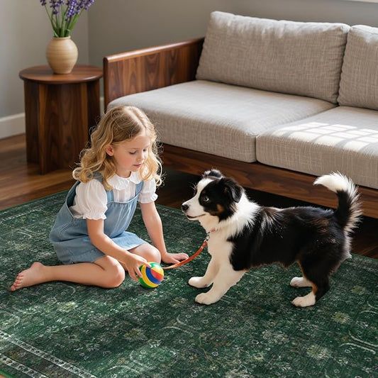 Moynesa Vintage Washable Green Rugs for Living Room 5x7, Retro Area Rug for Bedroom Dining Room Kitchen, Low Pile Soft Non-Slip Accent Carpets for Office Indoor Nursery